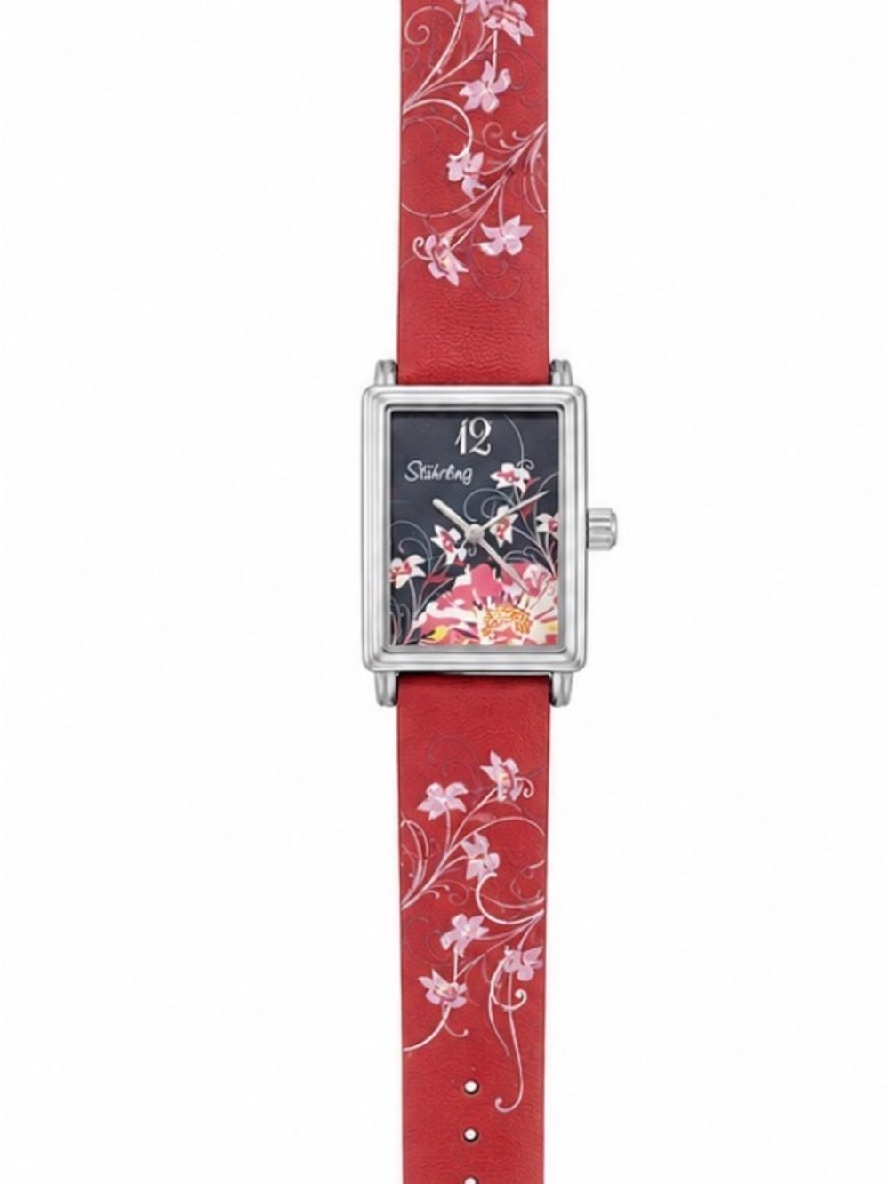 Stuhrling Original Red Floral Leather Strap Rectangular Dial Watch